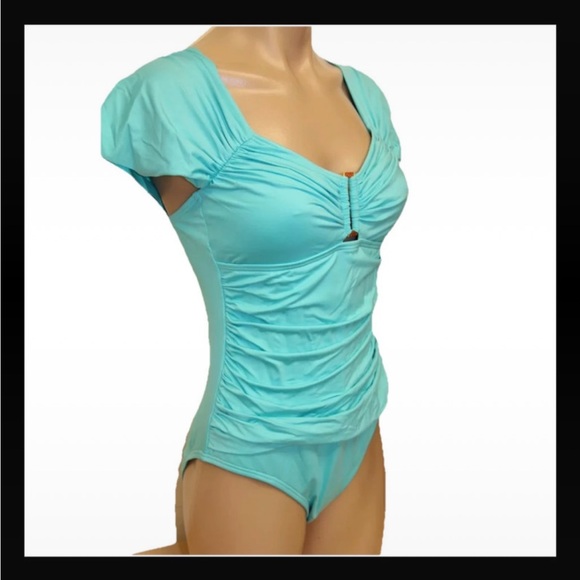 NWT Kenneth Cole Womens Aqua Tummy Toner Ruched One-Piece Swimsuit Shape L NWT - Picture 2 of 5